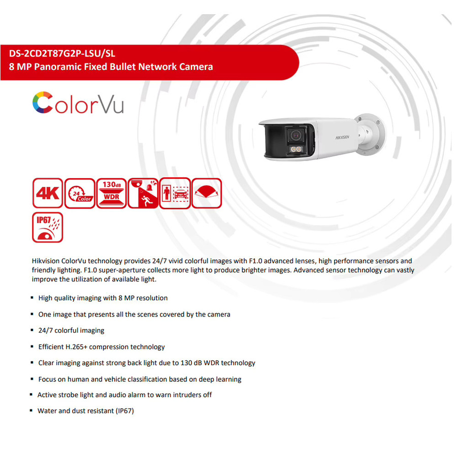 Hikvision DS-2CD2T87G2P-LSU/SL 8MP 4K Dual-Objektiv Panorama ColorVu IP-Kamera in Weiß mit Stroboskoplicht, akustischem Alarm und 2-Wege-Audio - Bild 3