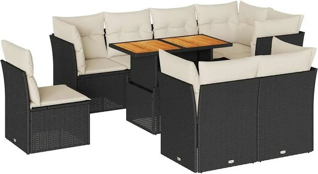 vidaXL 9-teilige Garten-Sofagarnitur aus Poly-Rattan und Akazienholz in Schwarz-Creme mit Kissen - Bild 1