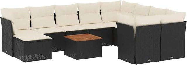 vidaXL 11-tlg. Garten-Sofagarnitur aus Poly-Rattan mit Kissen in Schwarz-Creme - Bild 1