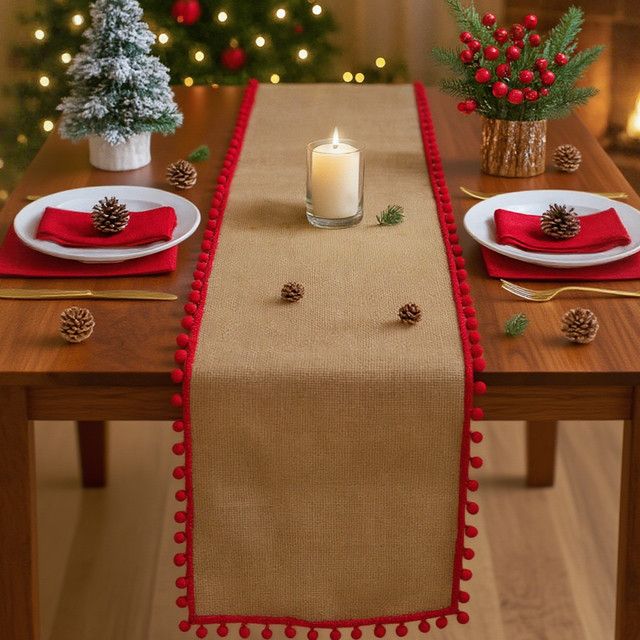 PATIMATE Weihnachts-Tischläufer aus Leinen mit Weihnachtskugel-Quaste zur Weihnachtsdekoration - Bild 1