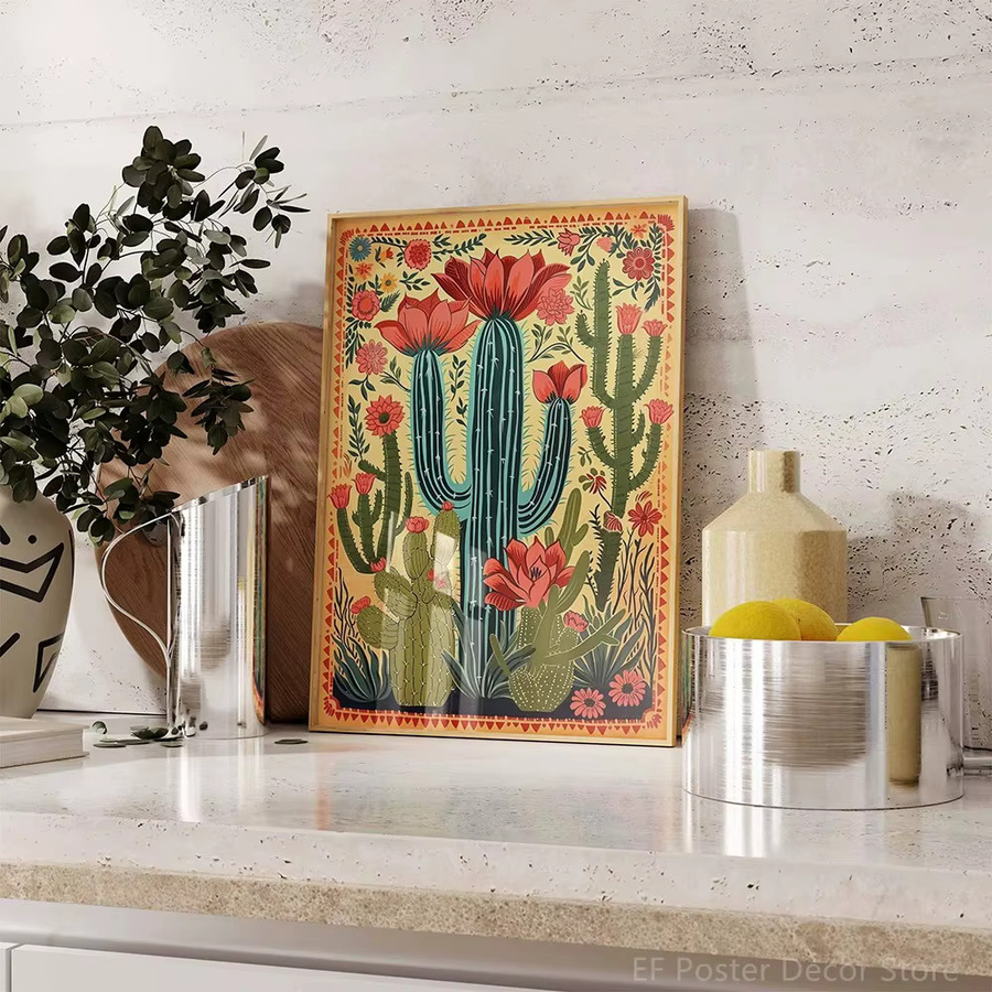 MINISO Retro-Leinwandposter mit mexikanischem Kaktus und floralem Motiv in Mehrfarbig - Bild 2