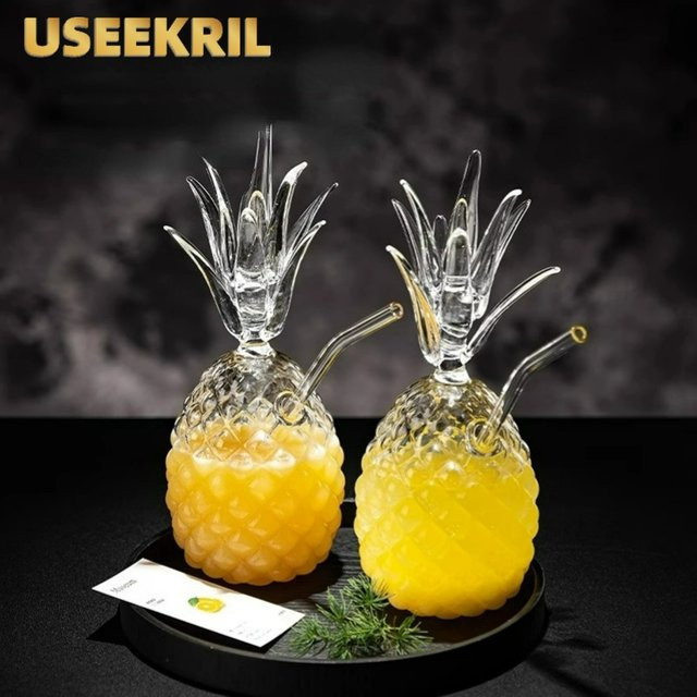 USEEKRIL Ananas Cocktailglas aus transparentem Glas mit Prägung und Strohhalm, 350 ml - Bild 1