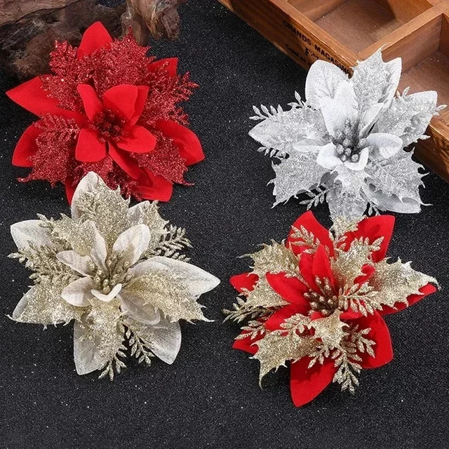 10 Stück glitzernde künstliche Weihnachtsblumen in Silber, Durchmesser: 14 cm, dekorativer Weihnachtsbaumschmuck für deine Heimdekoration - Bild 1