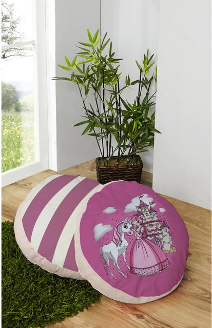 TiCAA 2-teiliges rundes Kissen-Set für Kinderzimmer mit Tier-Motiven und Streifen, Pink/Mehrfarbig, Durchmesser: 40 cm - Bild 1