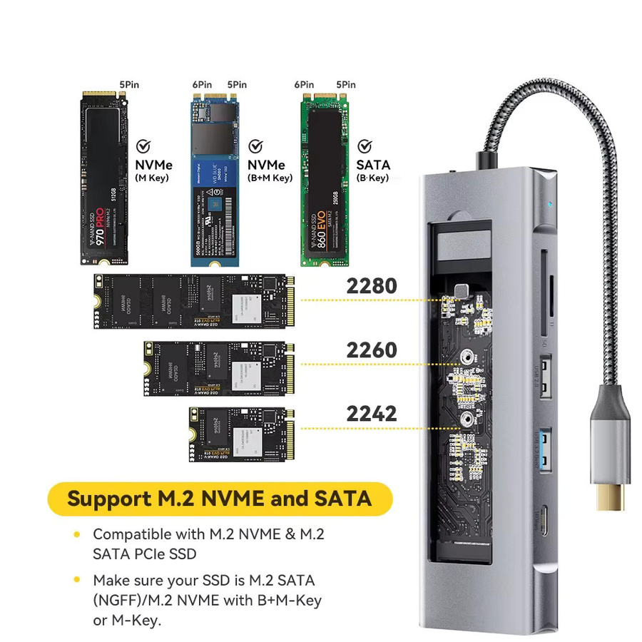 KEBIDUMEI 8-in-1 USB-C Dockingstation mit M.2 SATA NVMe SSD Hub, 4K60Hz Videoausgang und SD/TF Kartenleser für deinen Laptop - Bild 3