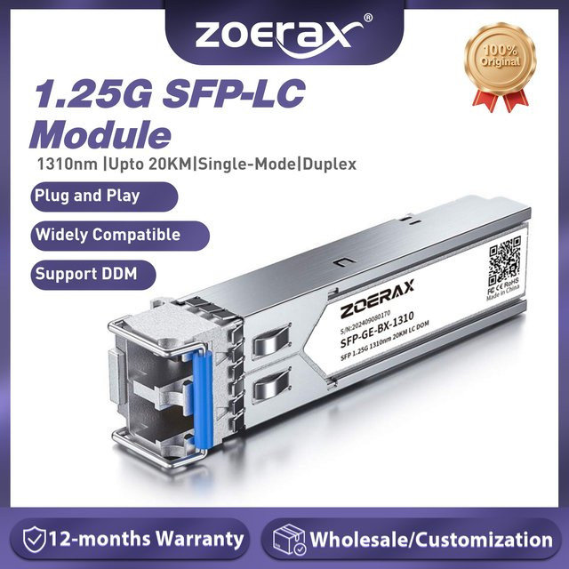 ZoeRax SFP Singlemode-Duplex-Optikmodul LC Gigabit Glasfaser-Transceiver 1000Base-BX, 1310 nm, bis zu 20 km, Farbe: Silber - Bild 1