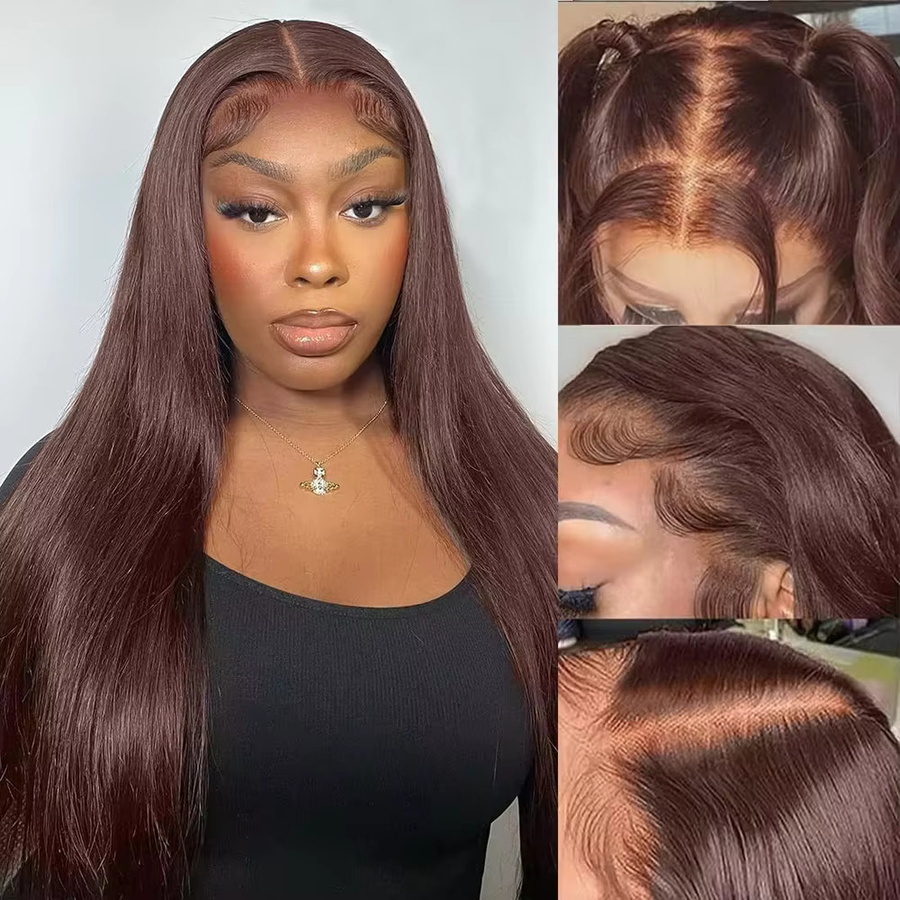 Fuduete Perücke, 13x6 HD Lace Frontal, vietnamesisches Echthaar, schokoladenbraun, glatt, Super Double Drawn - Bild 2