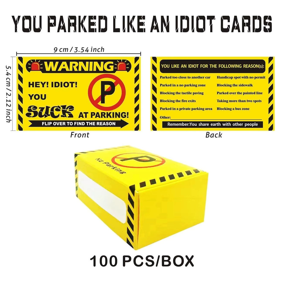 50 beschreibbare Visitenkarten You Park Like an Idiot in Gelb mit Ösen zur Parkplatzwarnung - Bild 2