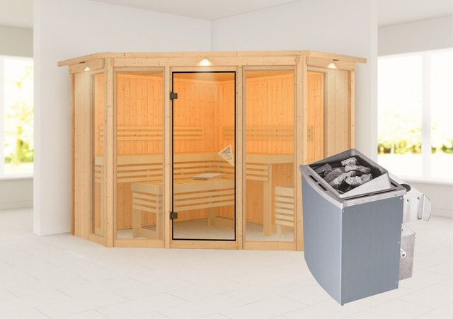 Karibu Sauna Anea 2 in Natur mit Ofen, integrierter Steuerung und LED-Dachkranz, B/T/H: 231 x 231 x 198 cm - Bild 1