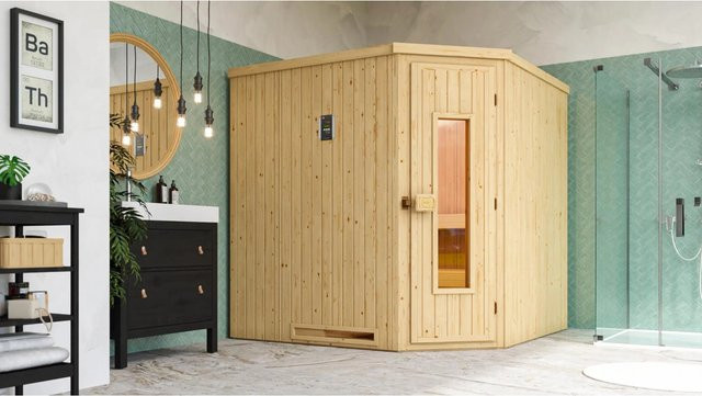 WEKA Ecksauna Varberg 3 in Braun mit BioS Sparset inklusive 7,5 kW Heizung, Holztür und Saunaleuchtenset, B/H/T: 194 x 199 x 194 cm - Bild 1