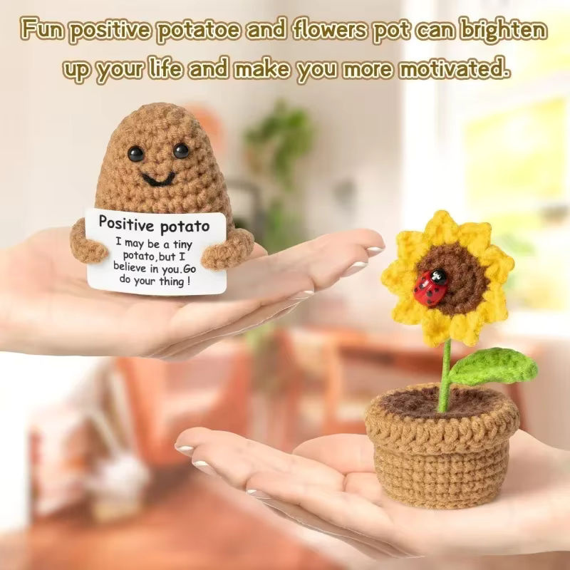 2er-Set handgehäkelte Mini-Sonnenblumen als dekorative Topfpflanzen in Mehrfarbig, kreative Textil-Dekoration für den Schreibtisch - Bild 2