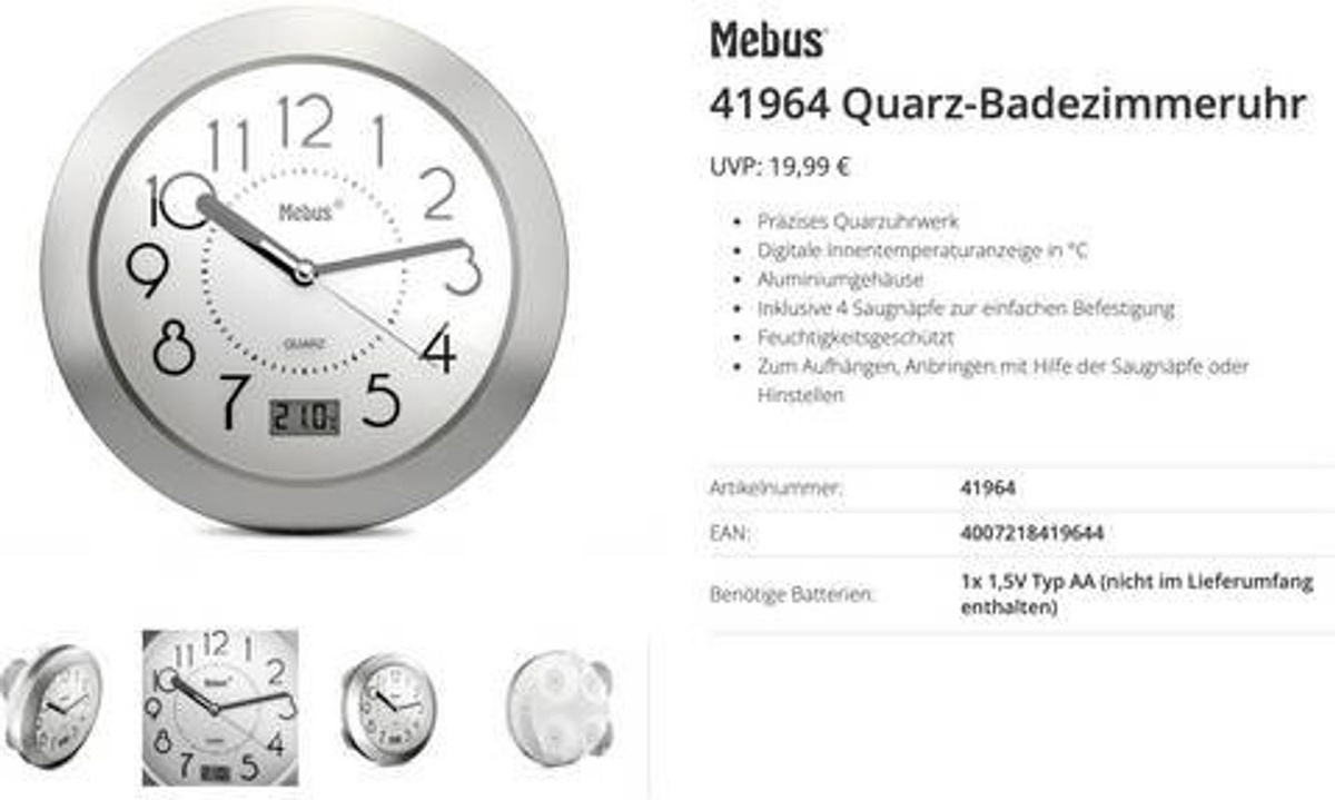 Mebus 41964 Quarz Wanduhr aus Aluminium in Silber mit Thermometer, rund und modern, geeignet für Badezimmer und Feuchträume - Bild 1