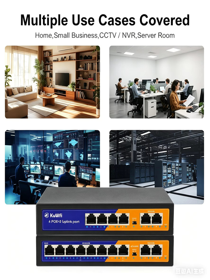 KuWFi Unmanaged PoE Ethernet Switch mit 4 oder 8 Ports und 2 Uplink-Ports in Schwarz für IP-Kameras und Router mit bis zu 250m Reichweite - Bild 5