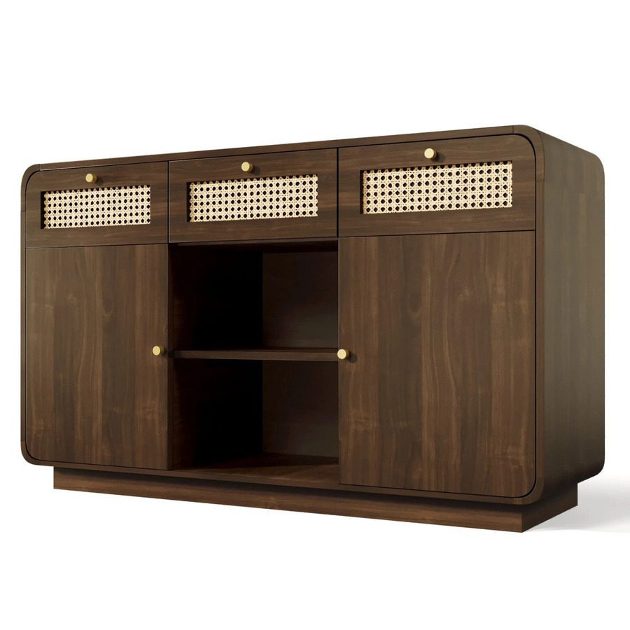 okwish Kommode mit Rattan und goldenen Griffen in Braun, B/T/H: 120 x 40 x 85 cm - Bild 2