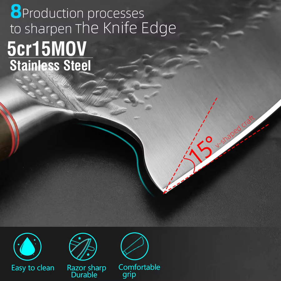 MYVIT Chef Metzger Hackmesser aus geschmiedetem High Carbon Stahl mit Holzgriff in Rot und Silber - Bild 3