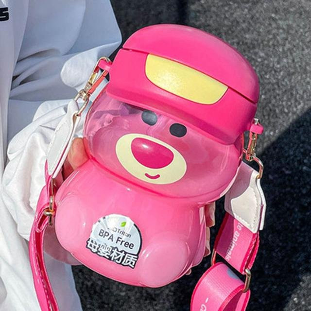 Binchi Keji Travel Trinkflasche für Kinder mit süßem Bären-Design aus Tritan Kunststoff in Pink mit Strohhalm, 1000 ml - Bild 1