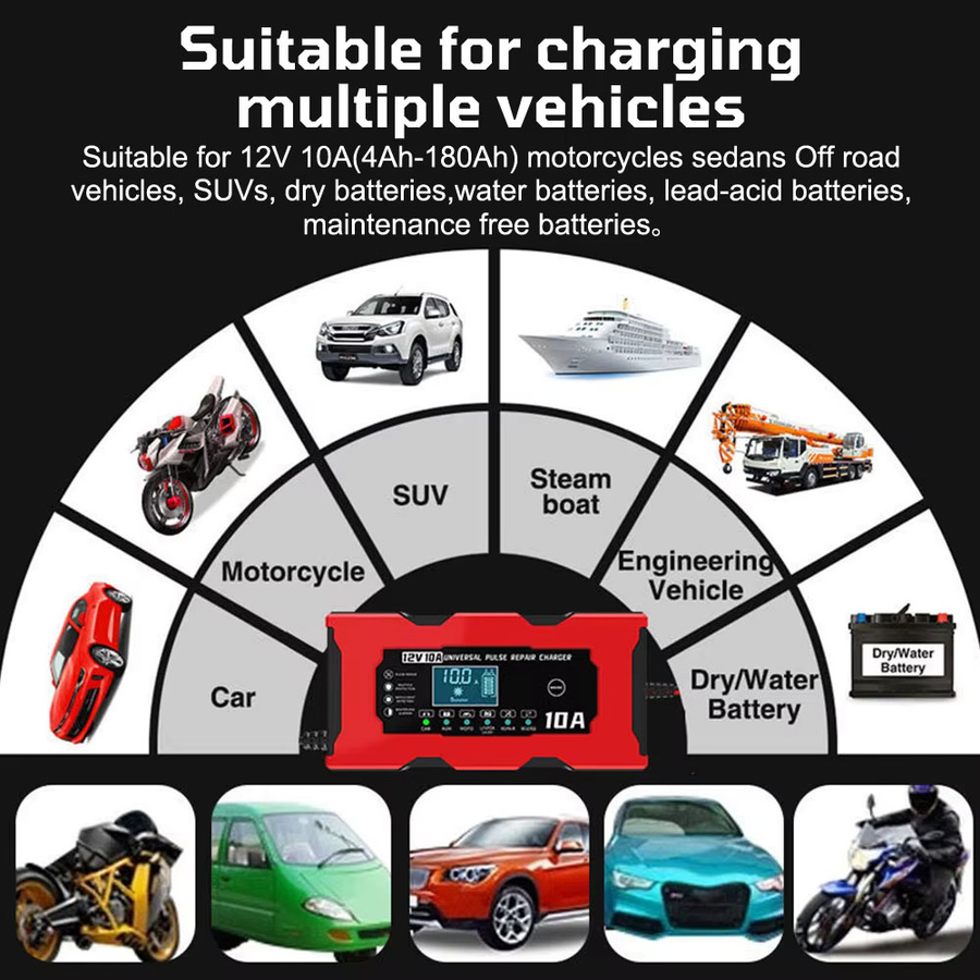 Intelligentes Autobatterieladegerät mit LCD-Display und Pulsreparatur Funktion, 12 V, 10 A, für Eisen-Lithium-Batterien, Farbe: Rot - Bild 3