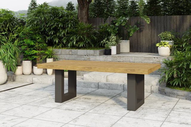 OUTFLEXX Esstisch aus Aluminium und recyceltem Teakholz in Anthrazit und Natur, B/T: 220 x 100 cm, rustikal gebürstet, FSC-zertifiziert - Bild 1