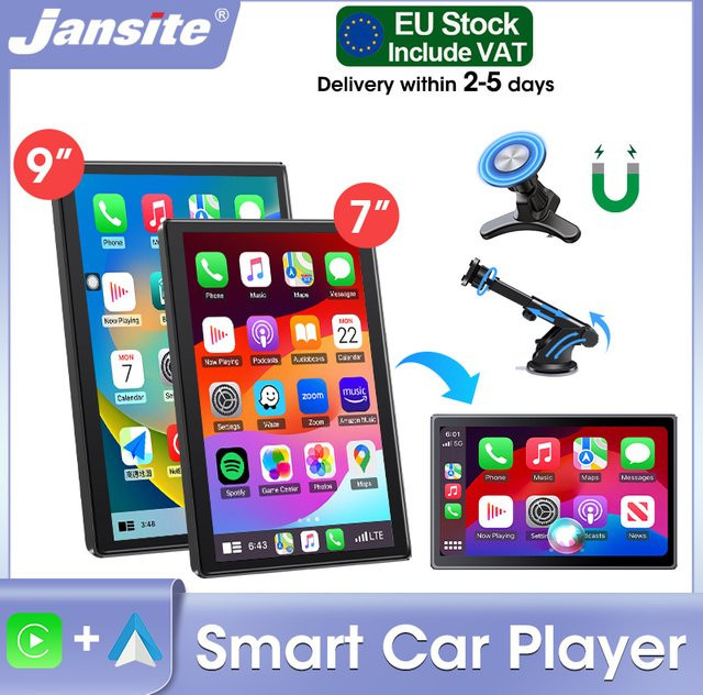 Jansite Tragbarer Carplay Bildschirm mit Bluetooth und GPS, Kabelloses Android Auto Autoradio in Schwarz mit magnetischer Halterung und drehbarem Display - Bild 1