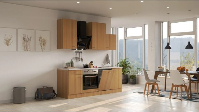 Flex-Well Classic Küchenzeile Nano in Buche mit Melaminharz-beschichteter Arbeitsplatte, Farbe: Braun, Breite: 220 cm - Bild 1