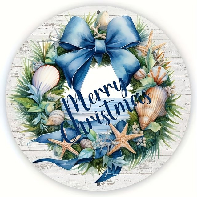 Runder Wandbehang Potdemiel aus Aluminium mit Weihnachts- und Küstenstrand-Motiv, Mehrfarbig, Durchmesser: 20,3 cm - Bild 1