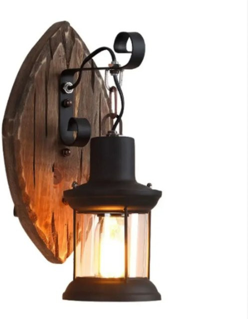 Bymaocar Wandleuchte im Industrie-Design aus Holz und Metall in Schwarz mit transparentem Glas und E27 Fassung, H: 36,0 cm, B: 15,0 cm, T: 11,0 cm - Bild 1
