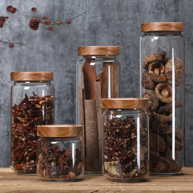 Luftdichter Vorratsbehälter aus Glas mit Holzdeckel, transparenter Lebensmittelbehälter für Müsli oder Ingwer, 0,25 l - Bild 1