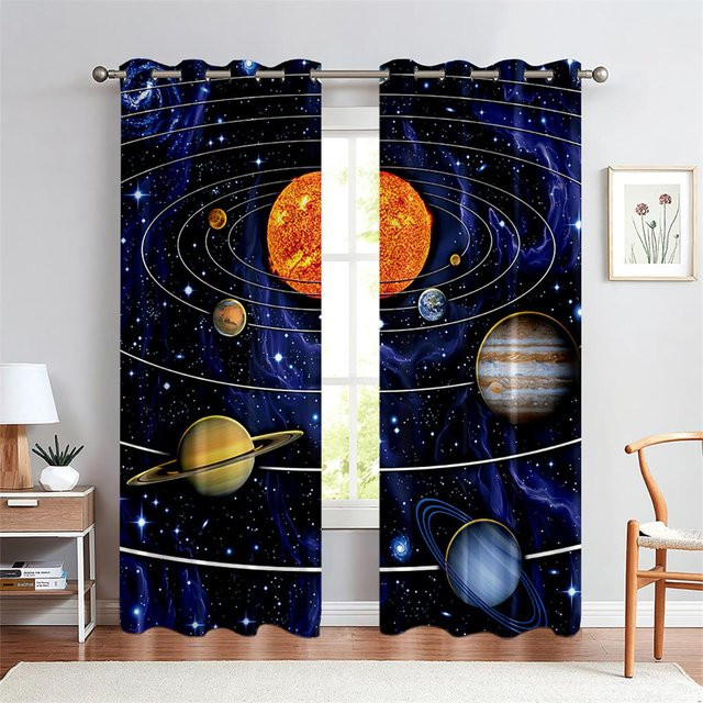 Milchstraße Planeten Vorhänge mit Sternenhimmel Design, 2er Set semi-transparent, Multicolor, Breite: 50 cm, Höhe: 130 cm pro Paneel - Bild 1