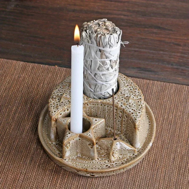 MINIDEAL Keramik-Kerzenhalter 4-in-1 mit Sternen- und Mond-Design in Beige für Salbei und Palo Santo - Bild 1