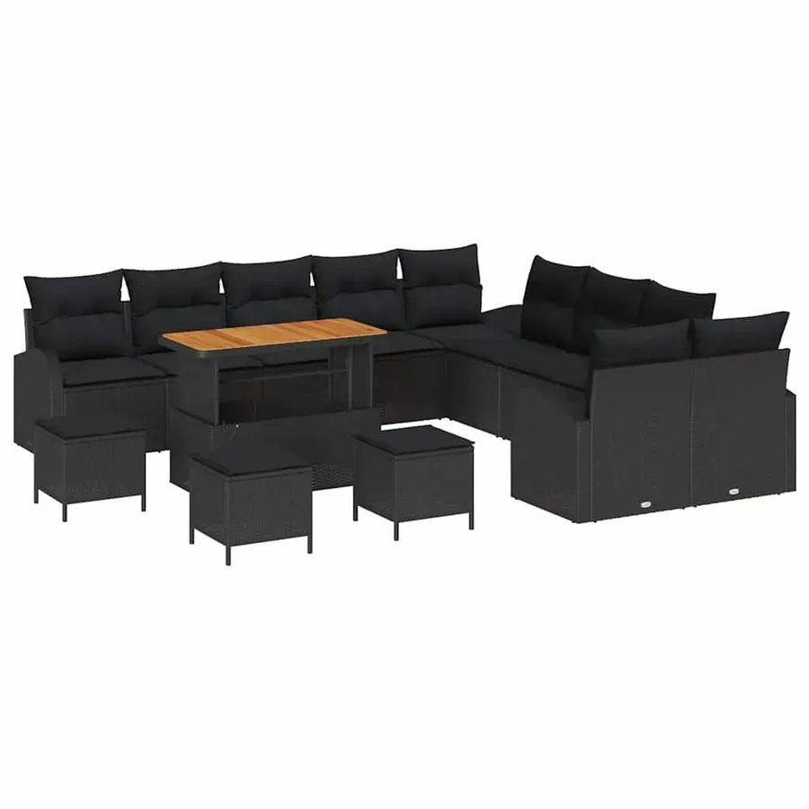 vidaXL Garten-Sofa-Set aus Poly-Rattan und Akazienholz mit Kissen, 14-teilig, Schwarz - Bild 2