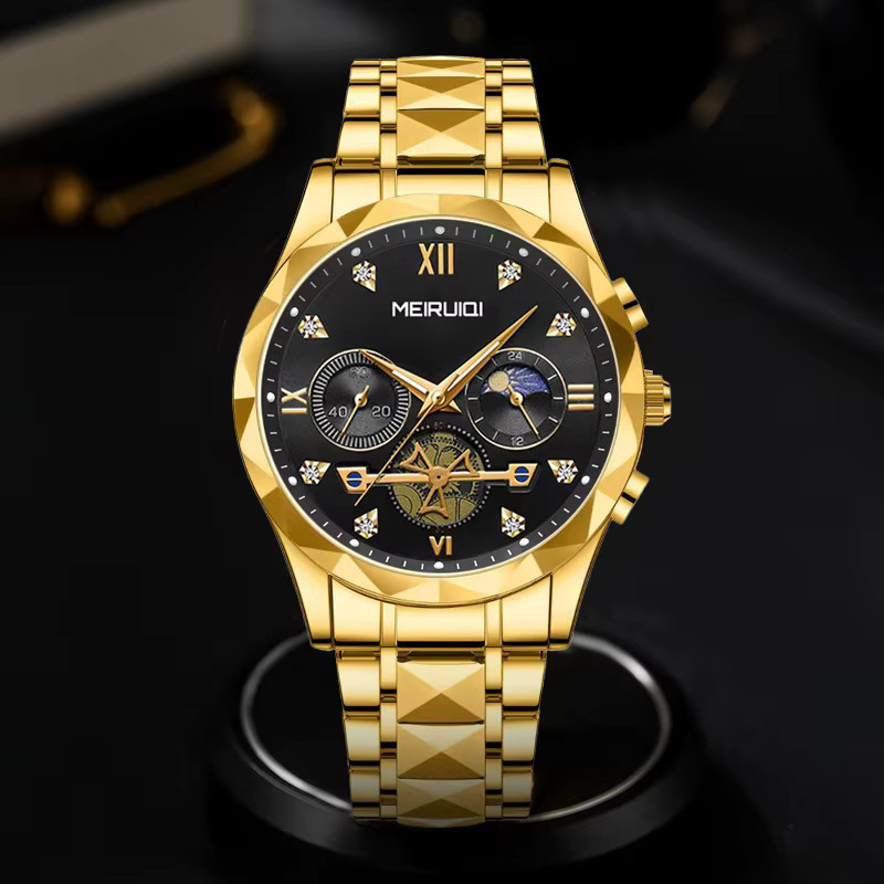 MEIRUIQI Armbanduhr Quarz, Edelstahl, Gold, Schwarz, Herren - Bild 3