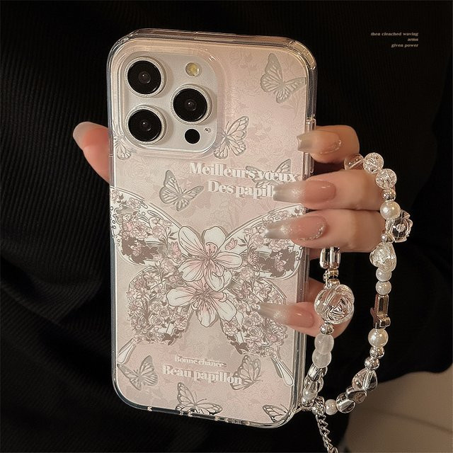 MUQGEW Handyhülle mit Koreanischem Blumen- und Schmetterlingsdesign sowie Armbandkette für iPhone 15 16 14 13 12 Pro Max, stoßfeste Dual Layer Schutzhülle - Bild 1