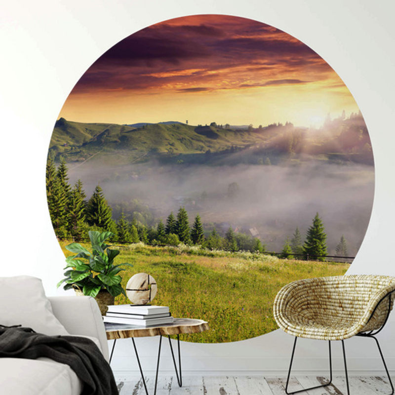K&L Wall Art Runde Vliestapete Bergtal Sonnenaufgang Wandtattoo Natur Motiv mehrfarbig matt B/H: 284 x 62 cm - Bild 2
