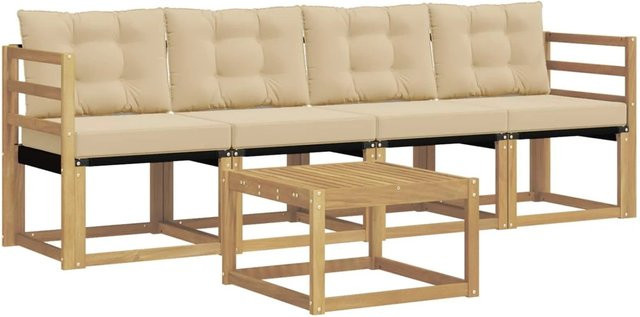 vidaXL Outdoor-Sofagarnitur aus Akazienholz mit Kissen und Couchtisch, 5-teiliges Set, Weiß und Beige - Bild 1