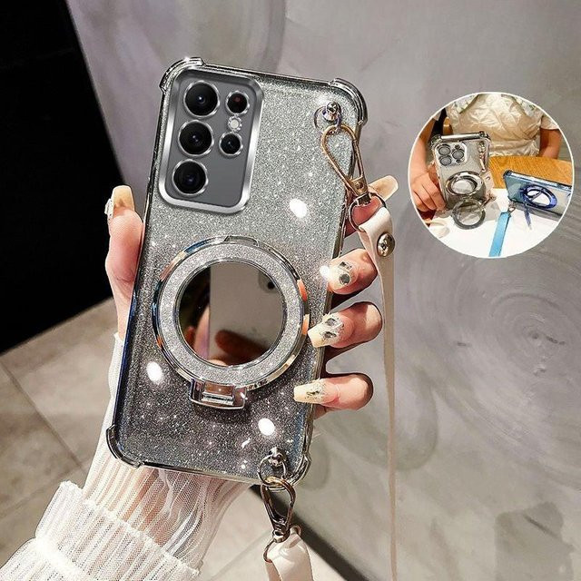 Glitzer Handyhülle mit Umhängeband und Spiegelhalter für Samsung Galaxy S25 S24 S23 S22 S21 S20 Ultra FE Plus, stoßfest und transparent in Silber - Bild 1