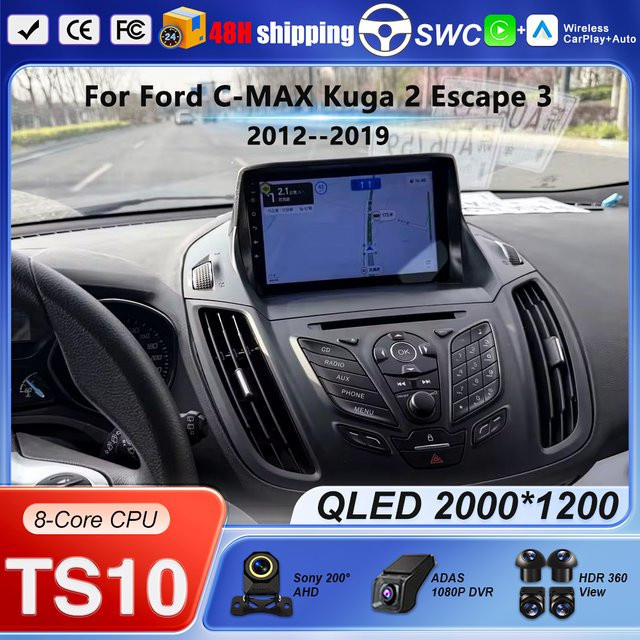 FengShiDa Android 16 Multimedia-Radio für Ford C-MAX Kuga 2 Escape 3 (2012-2019) mit QLED Display, GPS-Navigation und Carplay in Schwarz - Bild 1