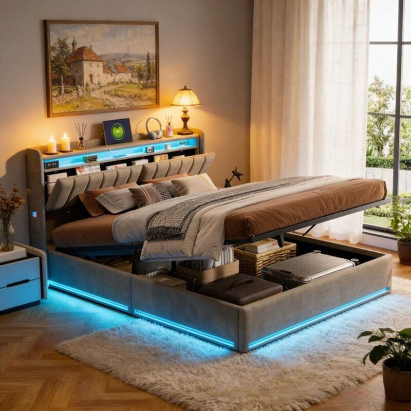 Modernes Polsterbett von OCEVIA aus Samt in Grau mit hydraulischem Stauraum, USB-/Type-C-Anschluss und verstellbaren LED-Leselampen, B/T/H: 140 x 190 x 103 cm - Bild 1