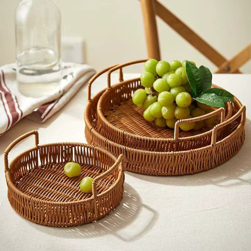 Runder Aufbewahrungskorb aus Rattan in Braun mit Griffen als Organizer für Schreibtisch, Obst oder Snacks - Bild 3