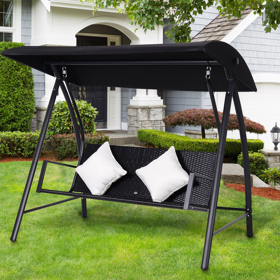 Outsunny 3-Sitzer Hollywoodschaukel aus Polyrattan und Metall in Schwarz mit Kissen und Sonnendach, B/H/L: 124 x 179 x 198 cm - Bild 2