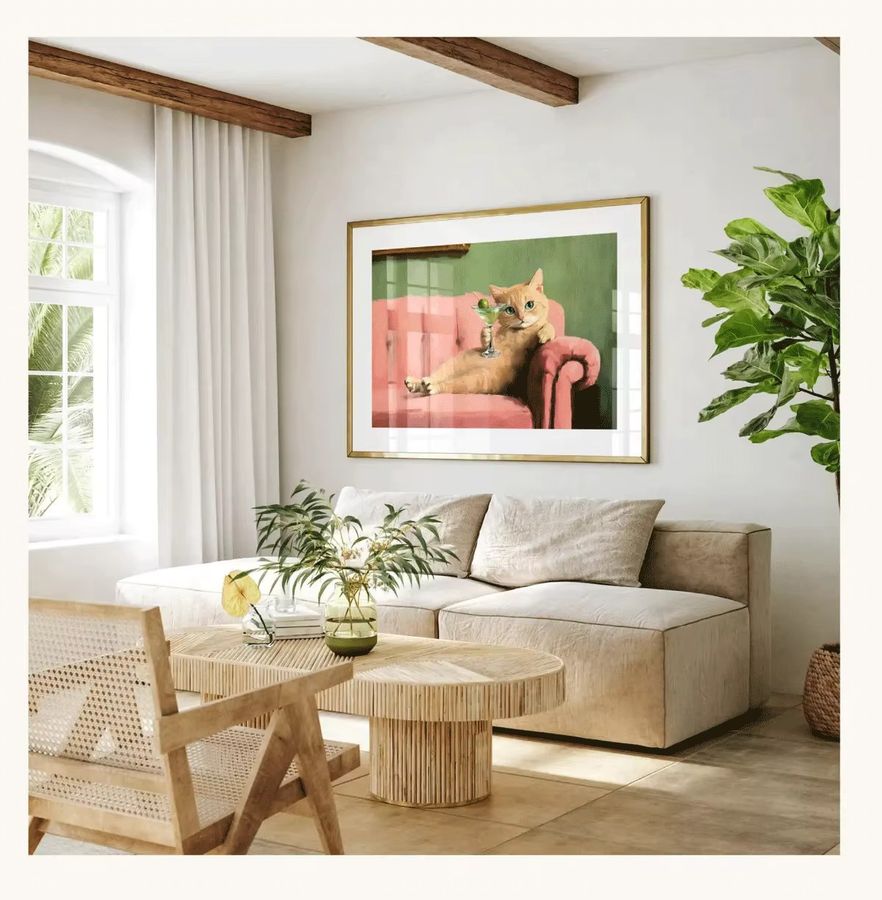 Retro Wandkunst SHENCHEN mit orangefarbener Katze und Martini als Vintage Ölgemälde-Druck für deine Bar-Dekoration - Bild 2