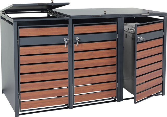 MCW 3er Mülltonnenverkleidung J81 Mülltonnenbox aus Metall in Anthrazit mit Kirsche-Holzoptik Dunkelbraun, B/T/H: 200 x 117 x 80 cm - Bild 1