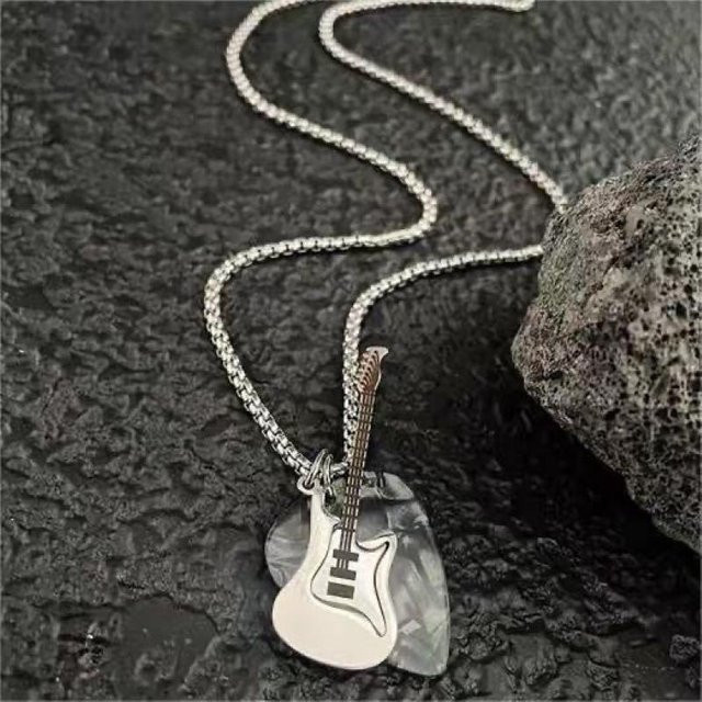 Autumn520 Gitarrenanhänger Halskette, Edelstahl, Silber, Unisex, Vintage - Bild 1