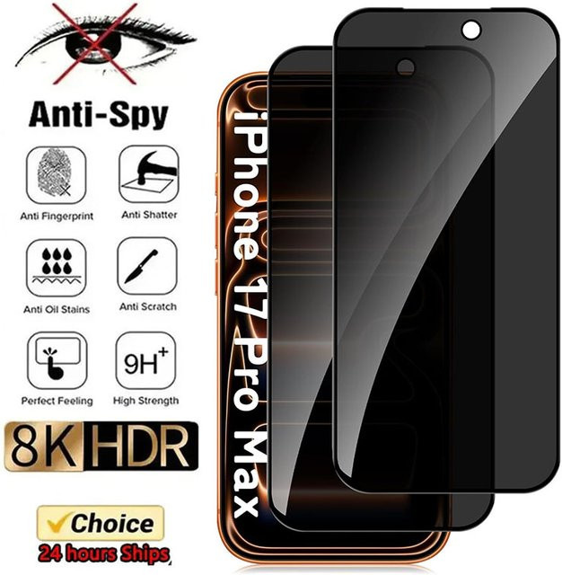 3D Anti Spy Privatsphäre Displayschutzfolie aus gehärtetem Glas für Apple iPhone 17 Pro Max, iPhone 17 Pro und iPhone 17 Air, Full Cover, Transparent/Schwarz - Bild 1