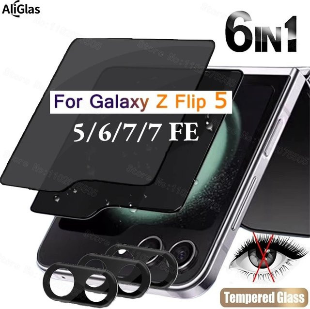 6-in-1 Anti Spy Displayschutzfolie für Samsung Galaxy Z Flip 7 6 5 und Z Flip7 FE inklusive Kameraobjektiv-Schutzfolie aus gehärtetem Glas, transparent - Bild 1