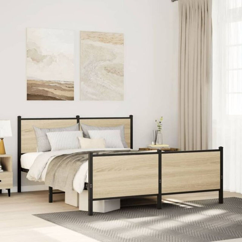 Metallbett Vidaxl in Sonoma-Eiche Natur und Braun im Industrial-Stil, B/T/H: 137 x 190 cm - Bild 1