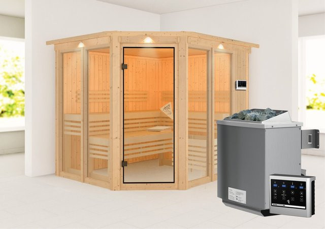 Karibu Sauna Airin 3 Bio-Sauna in Natur mit BioKombiofen 9.0 kW, externem Steuergerät und LED-Dachkranz, B/T/H: 231 x 198 x 210 cm - Bild 1