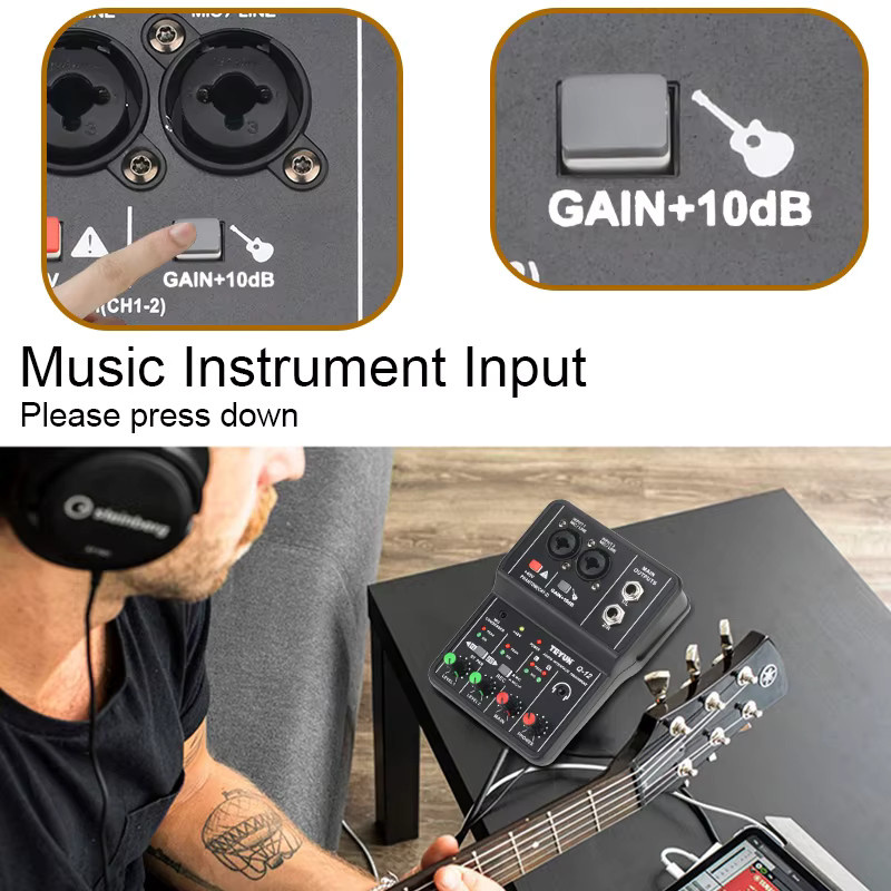 TEYUN Q-12 USB-Audio-Schnittstelle in Schwarz mit 2 Mikrofoneingängen für Studio und Heimaufnahme, 16 Bit, 48 kHz - Bild 5