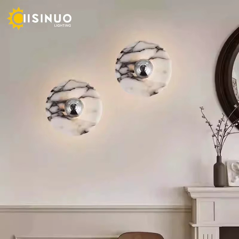 IISINUO Vintage Runde Wandleuchte aus weißem Marmor mit silbernem Design für Schlafzimmer, Flur und Esszimmer - Bild 2