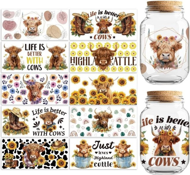UV DTF Cup Wraps Transferaufkleber Highland Cattle und Sunflower, 10 Blatt wasserfeste Vinyl-Transferaufkleber, Multicolor - Bild 1