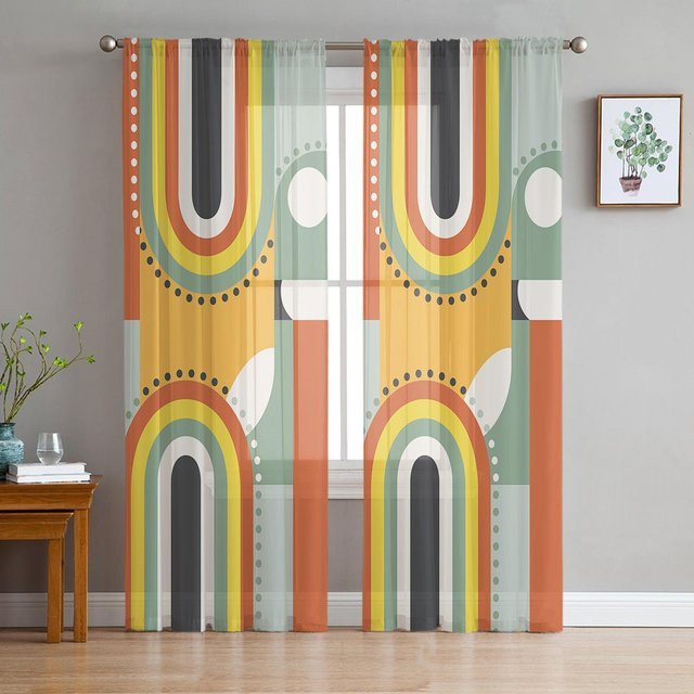 Super Six Voile Gardine mit abstrakter mittelalterlicher Geometrie in Beige und Multicolour, Chiffon Tüll Vorhang für Wohnzimmer, Küche und Schlafzimmer, Breite: 135 cm, Höhe: 114 cm - Bild 1